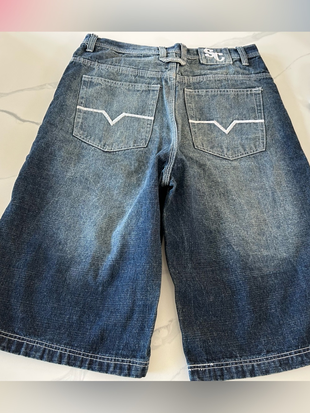 Men’s Sacred Cult Baggy Denim Shorts with Blue Skull Stud Accents - Picture 10 of 12